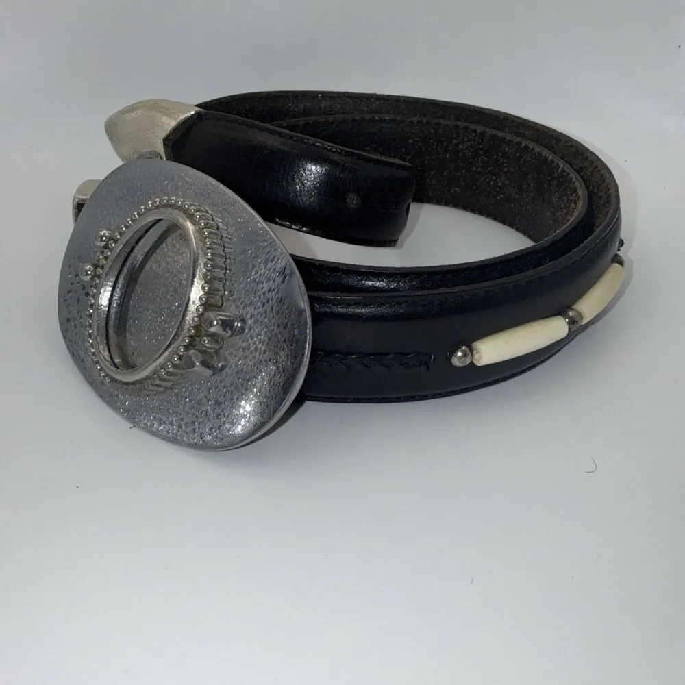 Onyx By Brighton Mens Black Beaded Leather Belt Silver Tone Size 36